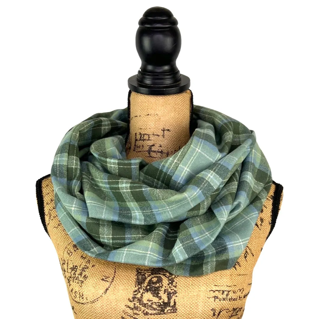 100% Organic Cotton Periwinkle Blue, Dusty Sage, and Olive Green with White Accent Plaid Infinity and Blanket Scarves