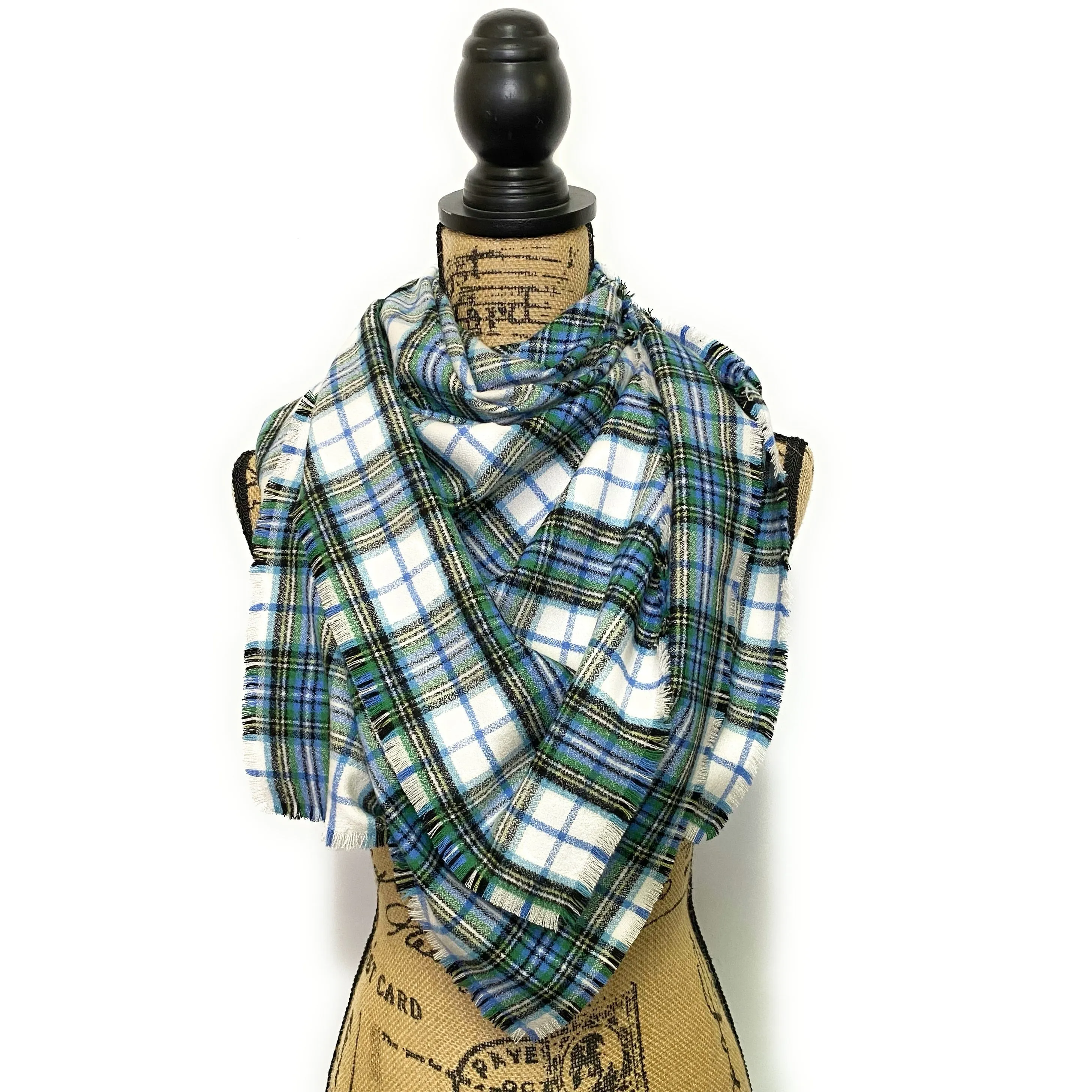 100% Organic Cotton Shades of Blue and Green on White Plaid Infinity and Blanket Scarves