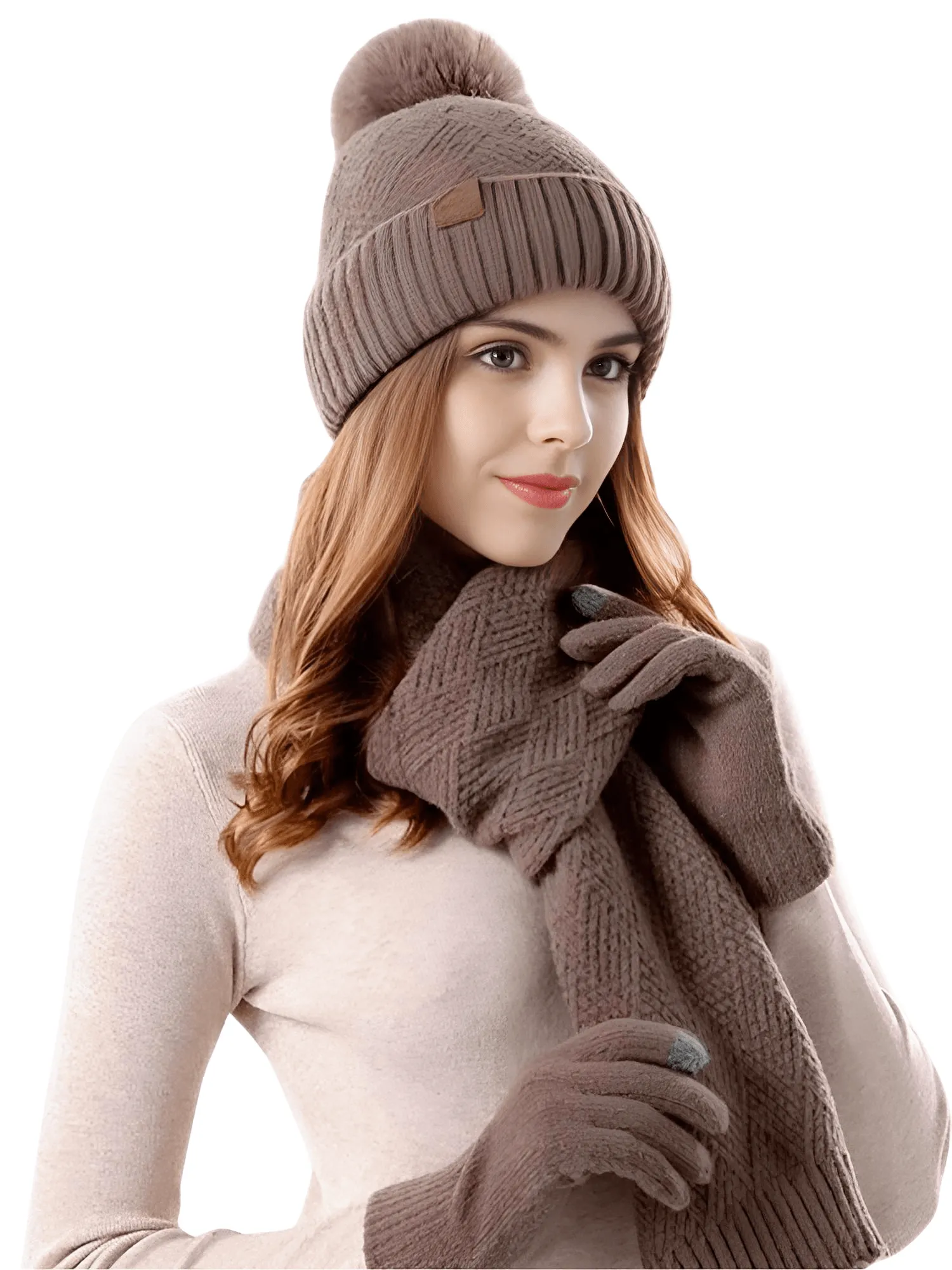 3-Piece Winter Set Beanie Hat Scarf Touchscreen Gloves Set for Women Warm Knit Fleece Lined Hat Set