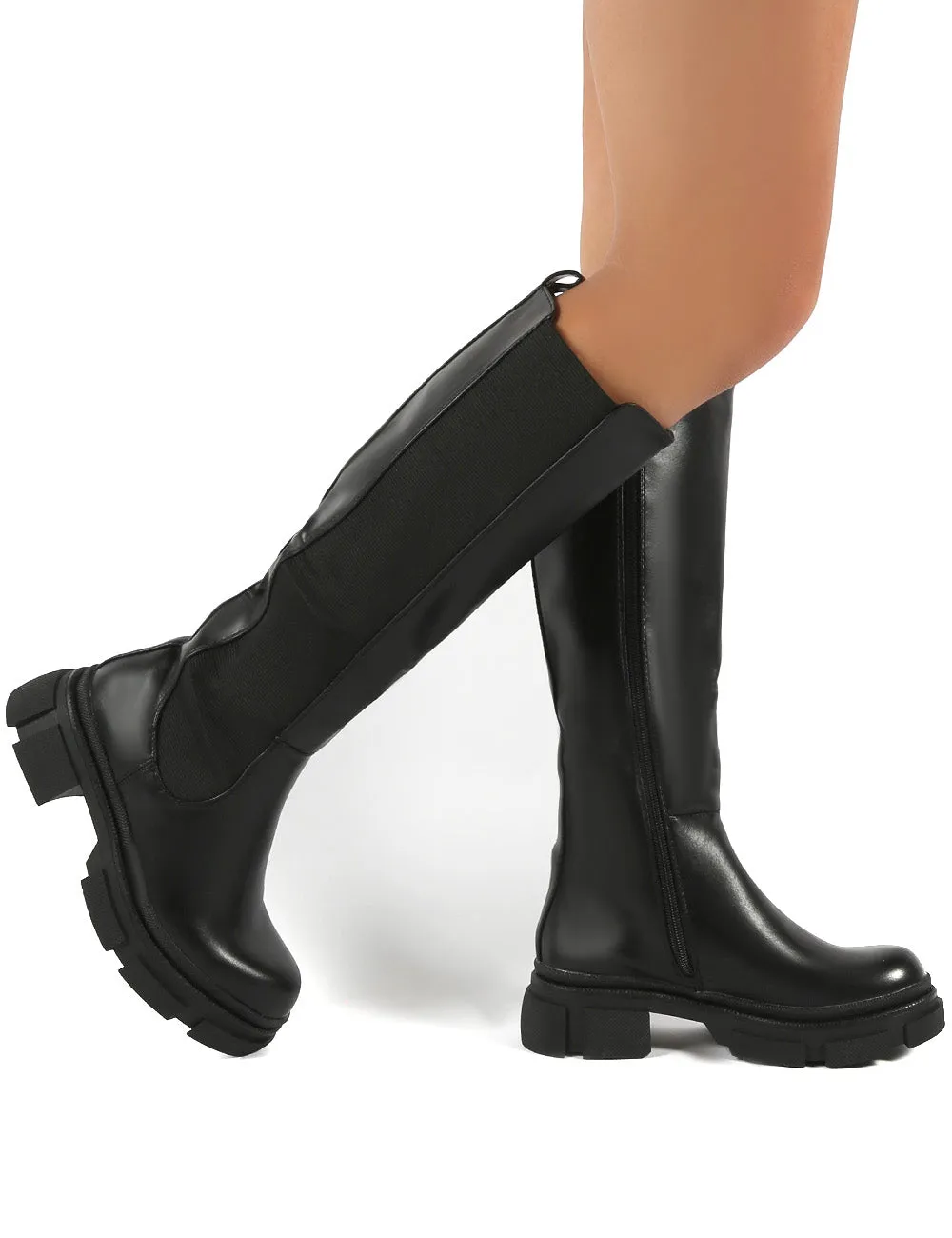 Action Black PU Knee High Chunky Sole Boots