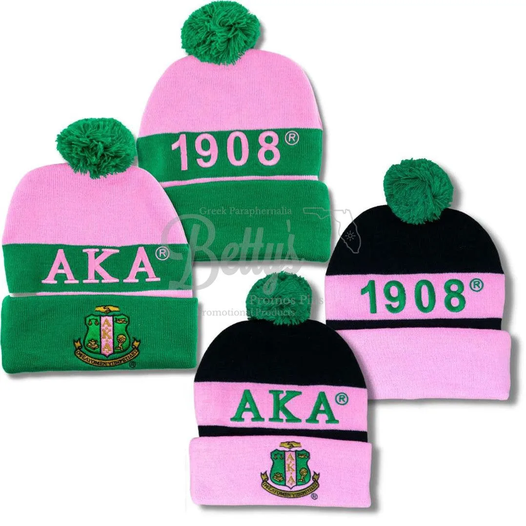 Alpha Kappa Alpha AKA 1908 Embroidered Shield Knit Crest Beanie