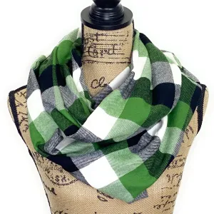 Apple Green, White and Black Plaid Medium Weight Flannel Scarf