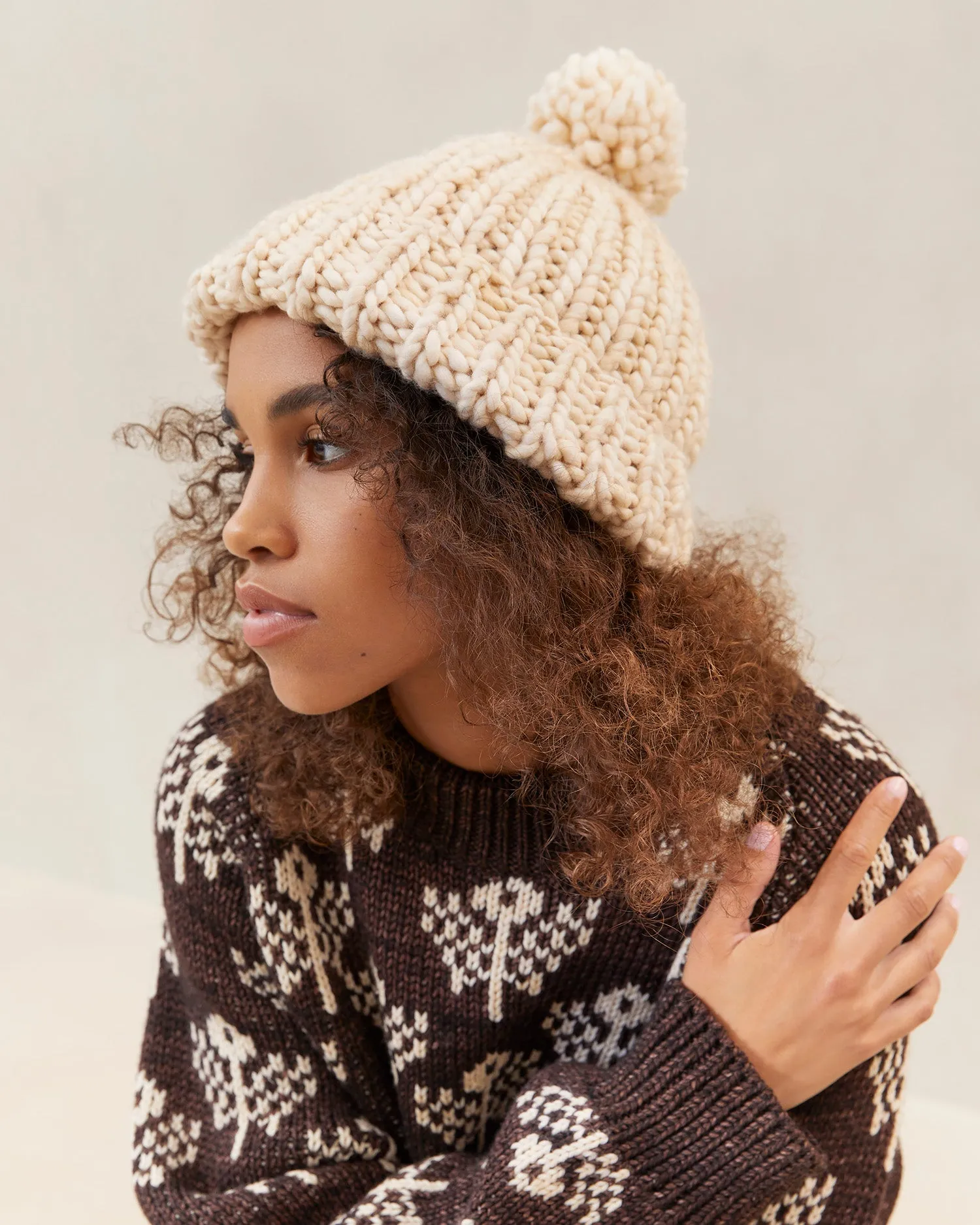 Ava Cream Knit Pompom Hat