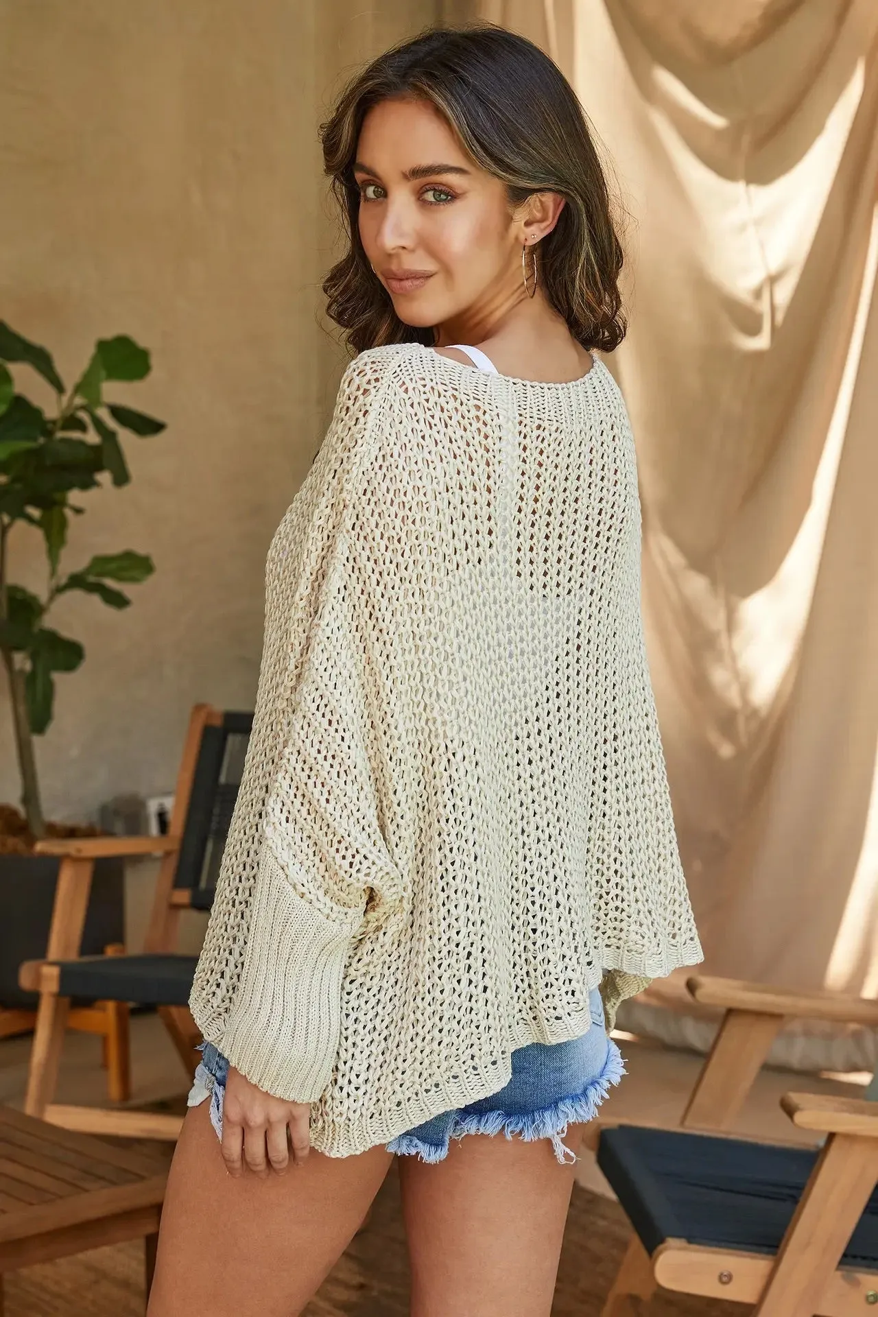 Beige Boatneck Drop Shoulder Long Sleeve Sweater