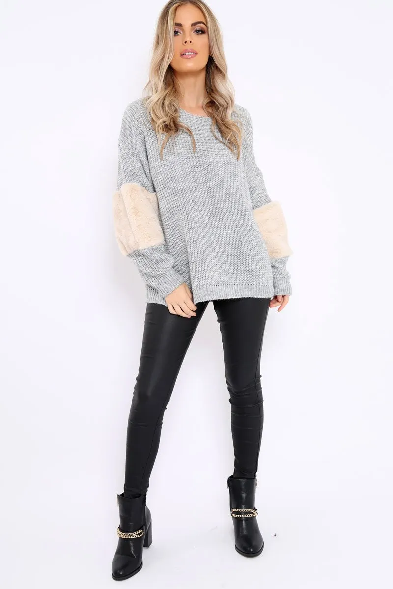 Beige Chunky Knit Faux Fur Front Panel Jumper - Ophelia