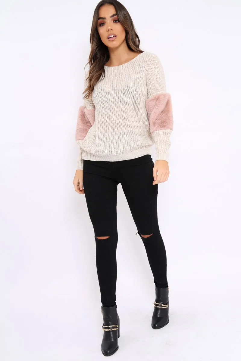 Beige Chunky Knit Jumper with Rose Fur Sleeve - Kimberly