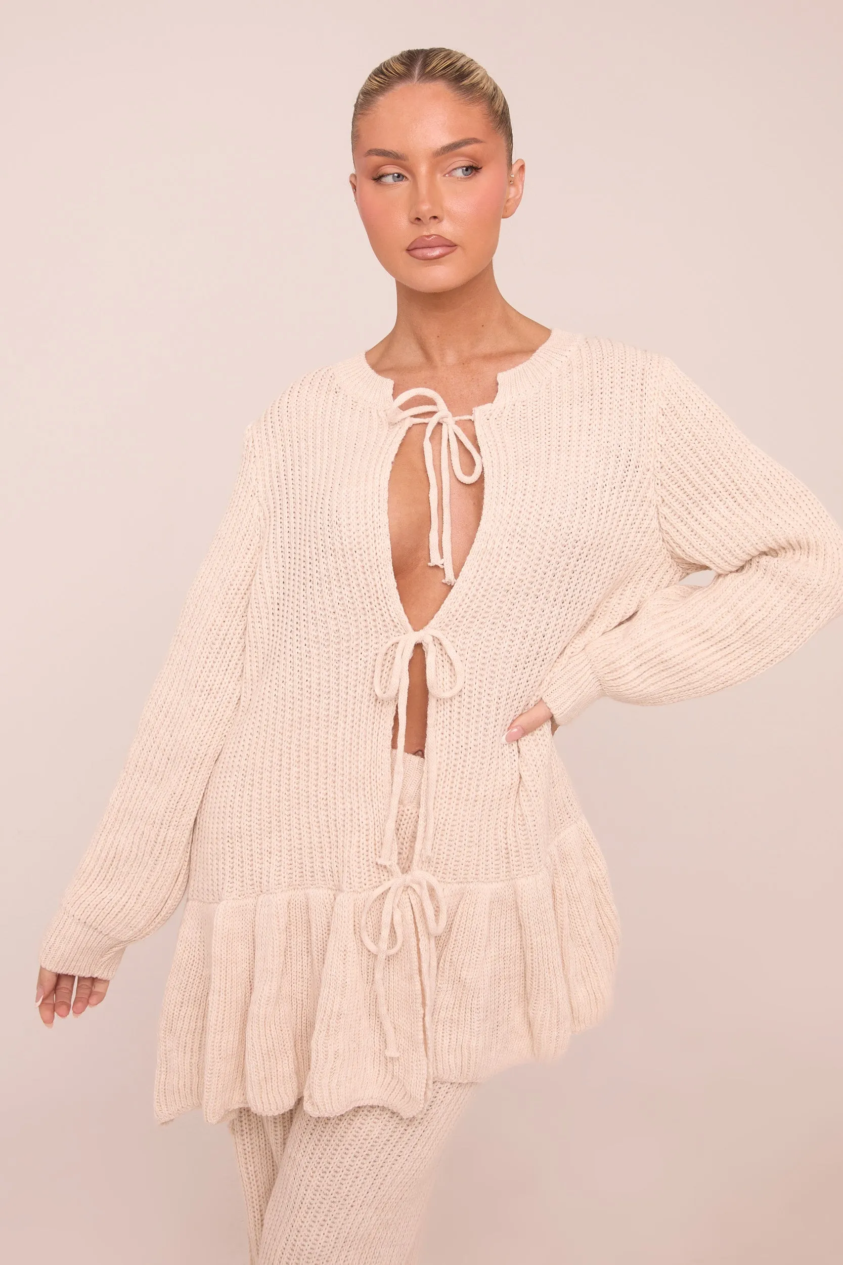 Beige Knit Tie Front Frill Hem Cardigan & Straight Leg Trouser Loungewear Co-ord Set - Julianna