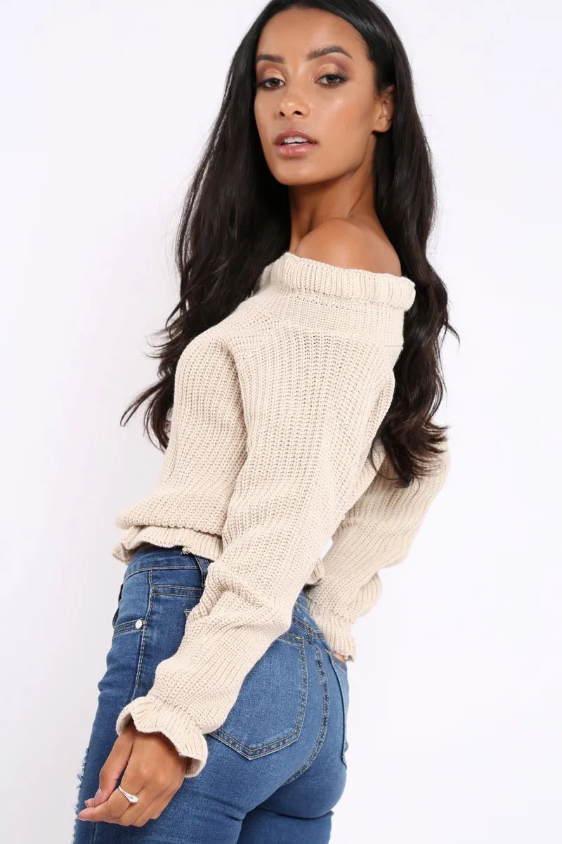 Beige Knitted Ruffle Jumper with Elasticated hems - Eve