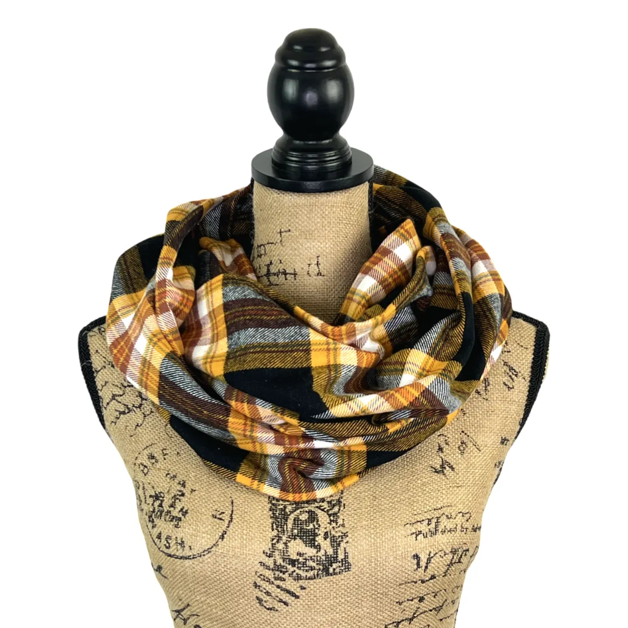 Black and Mustard Yellow with a Small Green Stripe Luxe Collection Plaid Infinity and Blanket Scarves