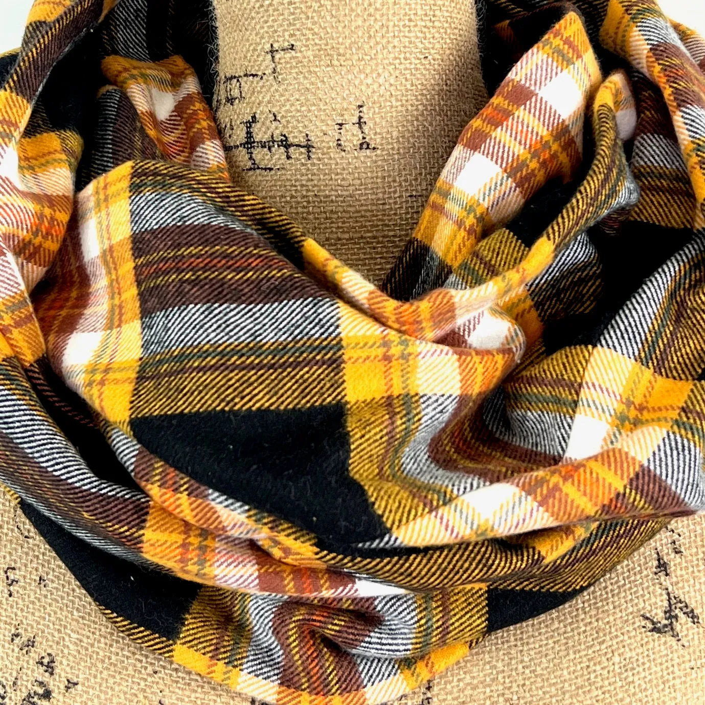 Black and Mustard Yellow with a Small Green Stripe Luxe Collection Plaid Infinity and Blanket Scarves