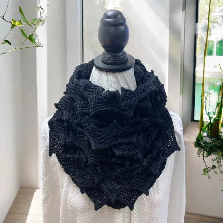 Black Angular Ruffles Crochet Infinity Scarf