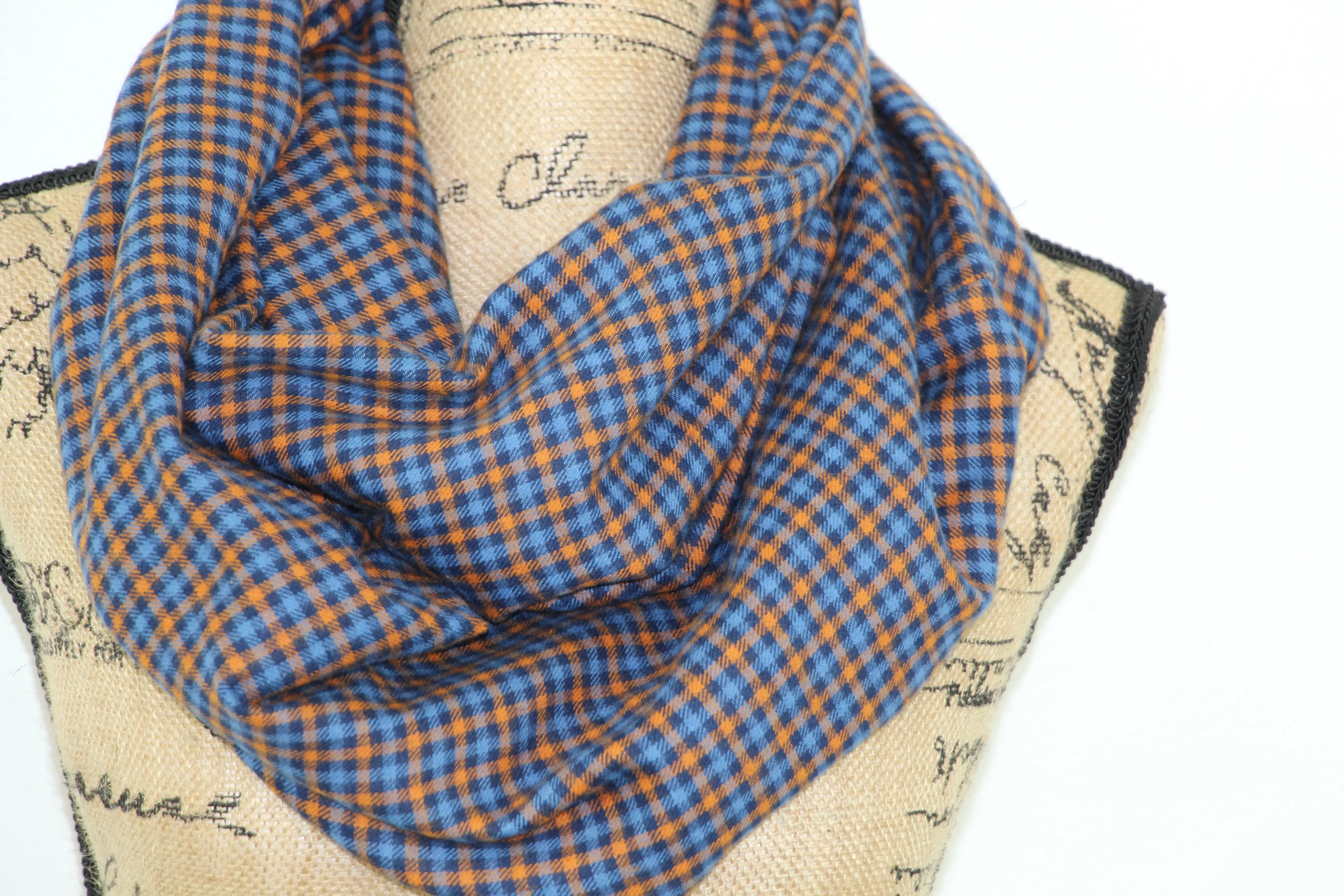 Blue and Orange Gingham Check Plaid Lightweight Flannel Infinity or Blanket Scarf