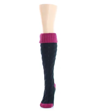 Braid Tip Chunky Knit Two Tone Knee High Socks