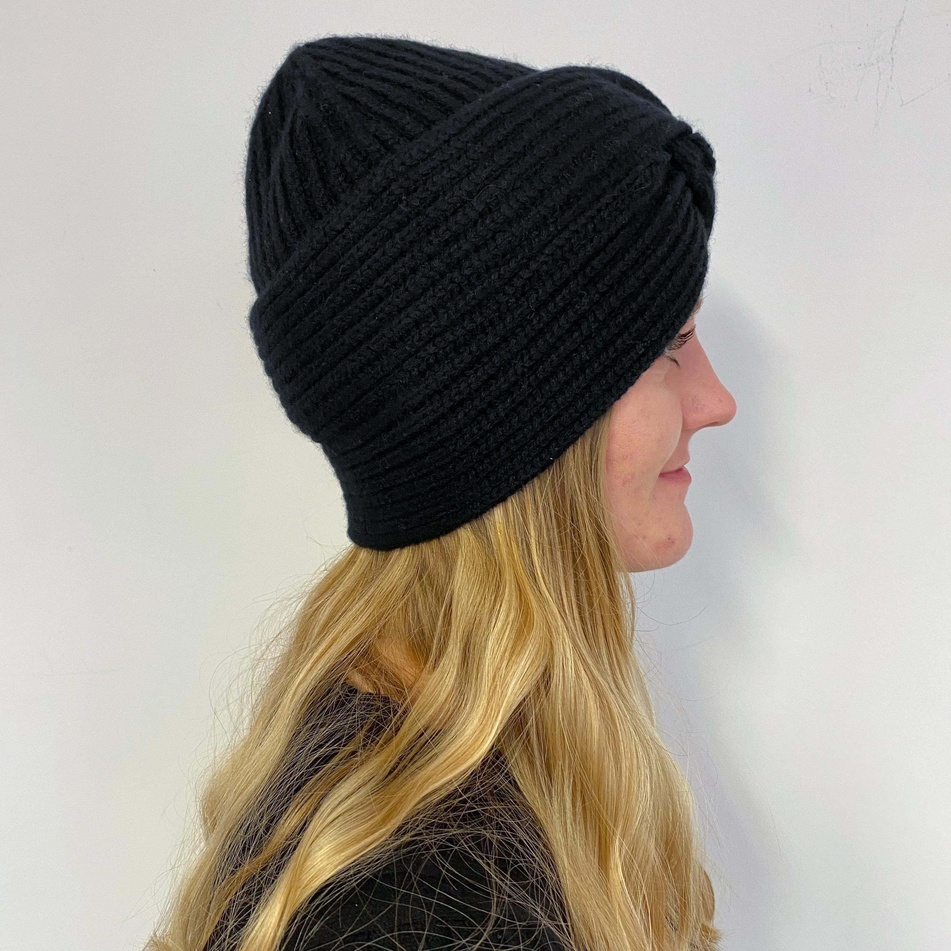 Brand New Black Ribbed Knit Turban Beanie Hat One Size