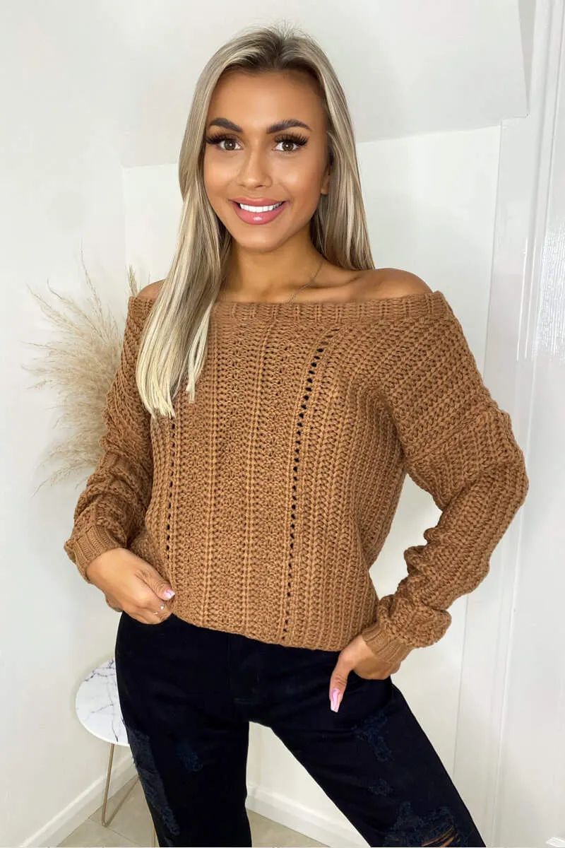 Camel Off The Shoulder Chunky Knit Jumper