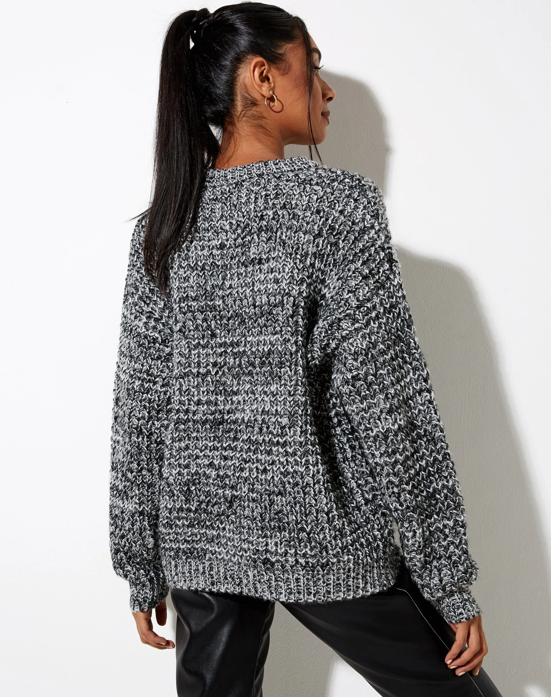 Caribou Jumper in Chunky Knit Black Grey and White