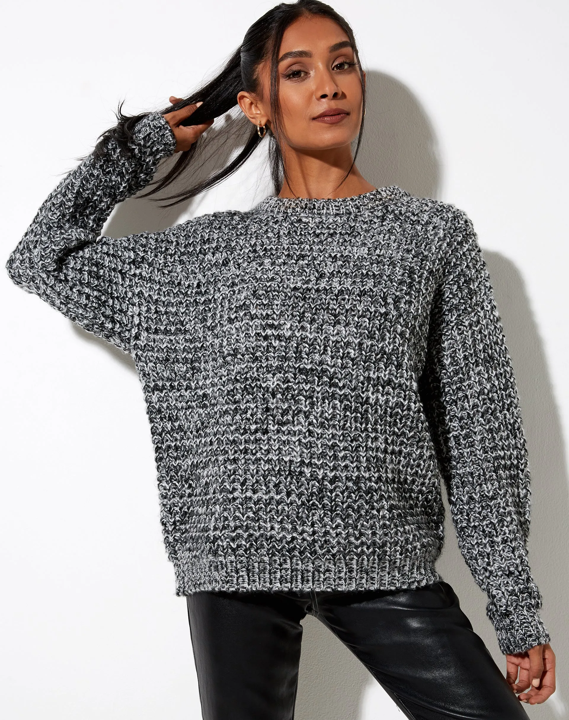 Caribou Jumper in Chunky Knit Black Grey and White