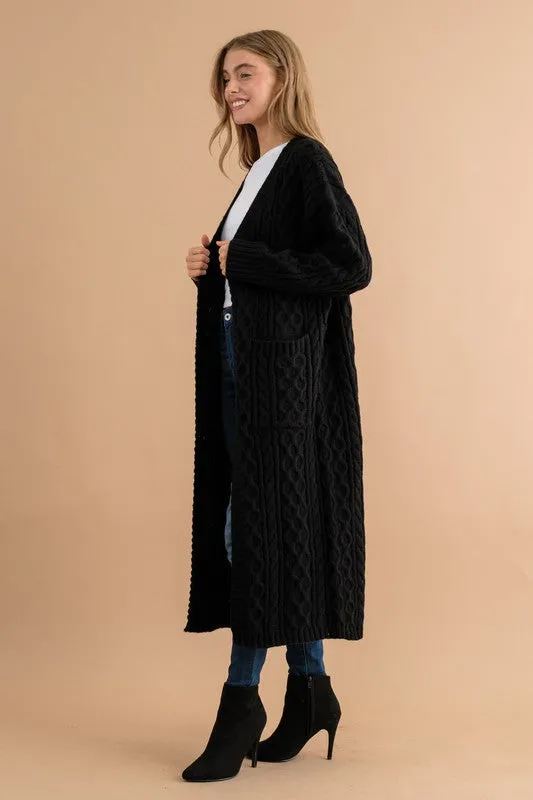 Charlene Long Duster Cable Cardigan Sweater - Black