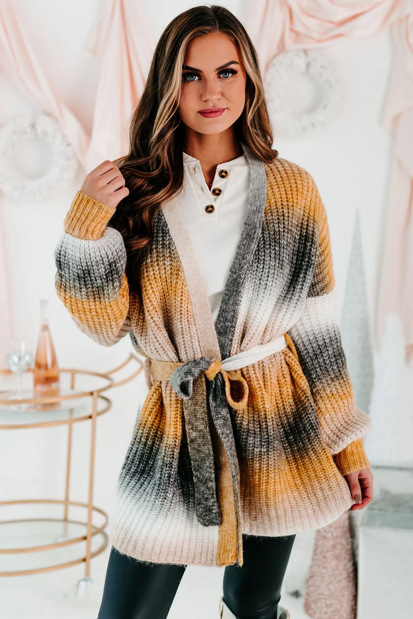 Chilly Evenings Tie-Waist Ombre Cardigan (Mustard Multi)