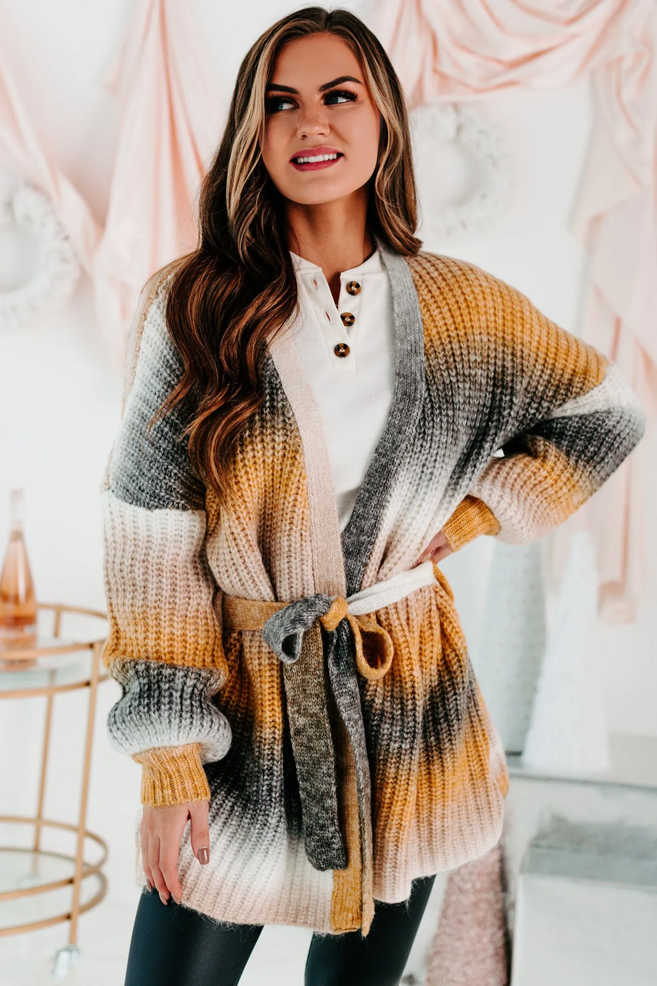 Chilly Evenings Tie-Waist Ombre Cardigan (Mustard Multi)