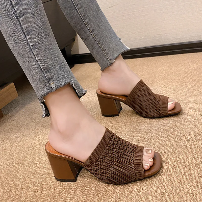 Chunky Block Heel Knit Sandals