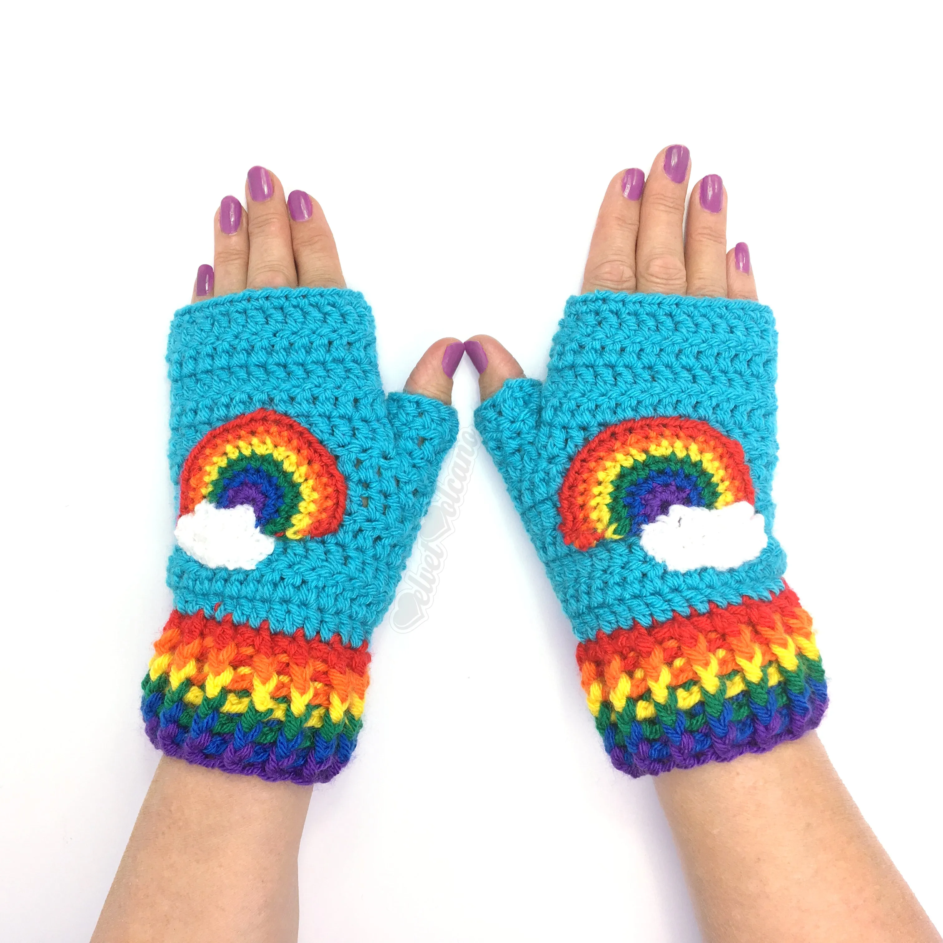 Chunky Bright Rainbow Cloud Scarf & Fingerless Gloves Set (Turquoise)