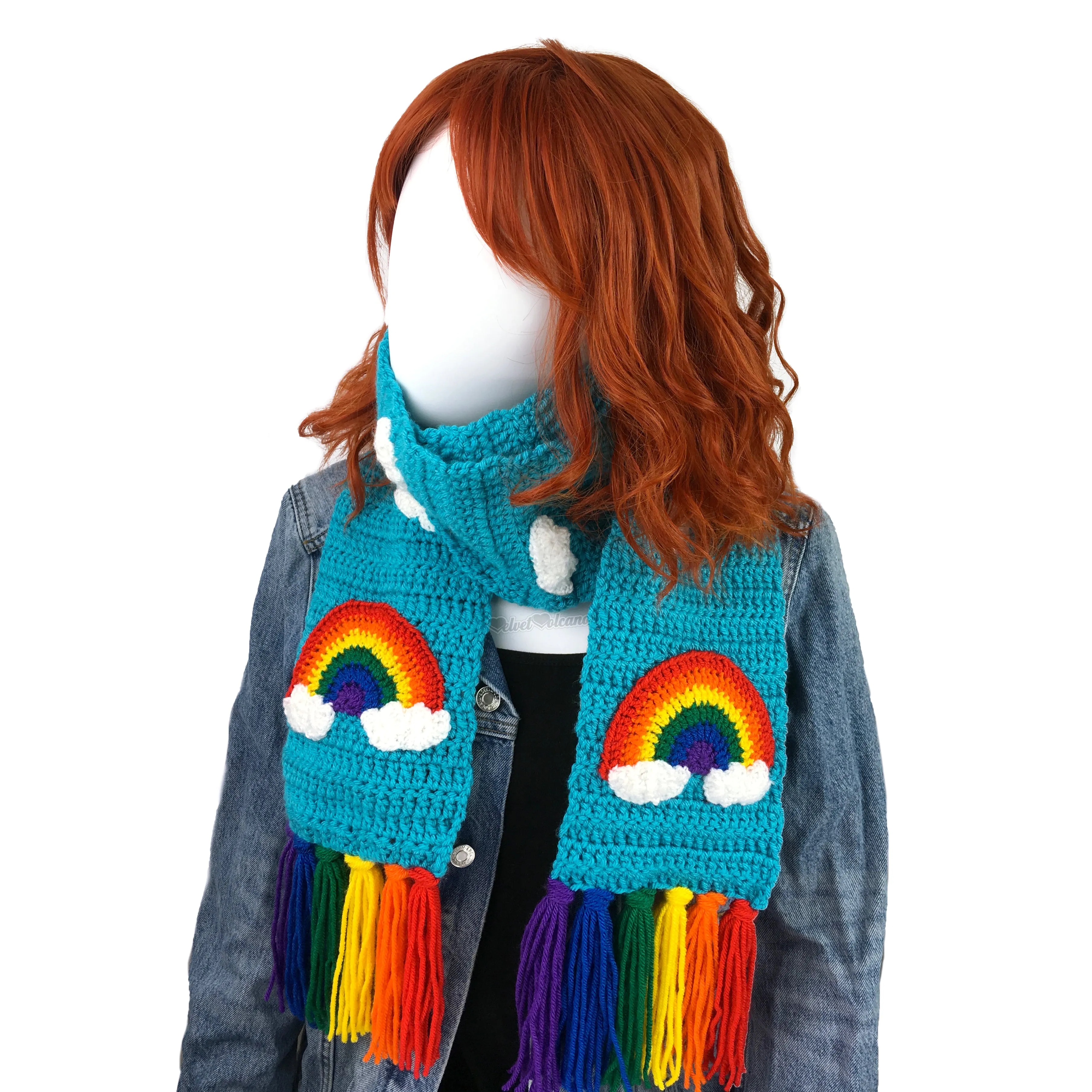 Chunky Bright Rainbow Cloud Scarf & Fingerless Gloves Set (Turquoise)