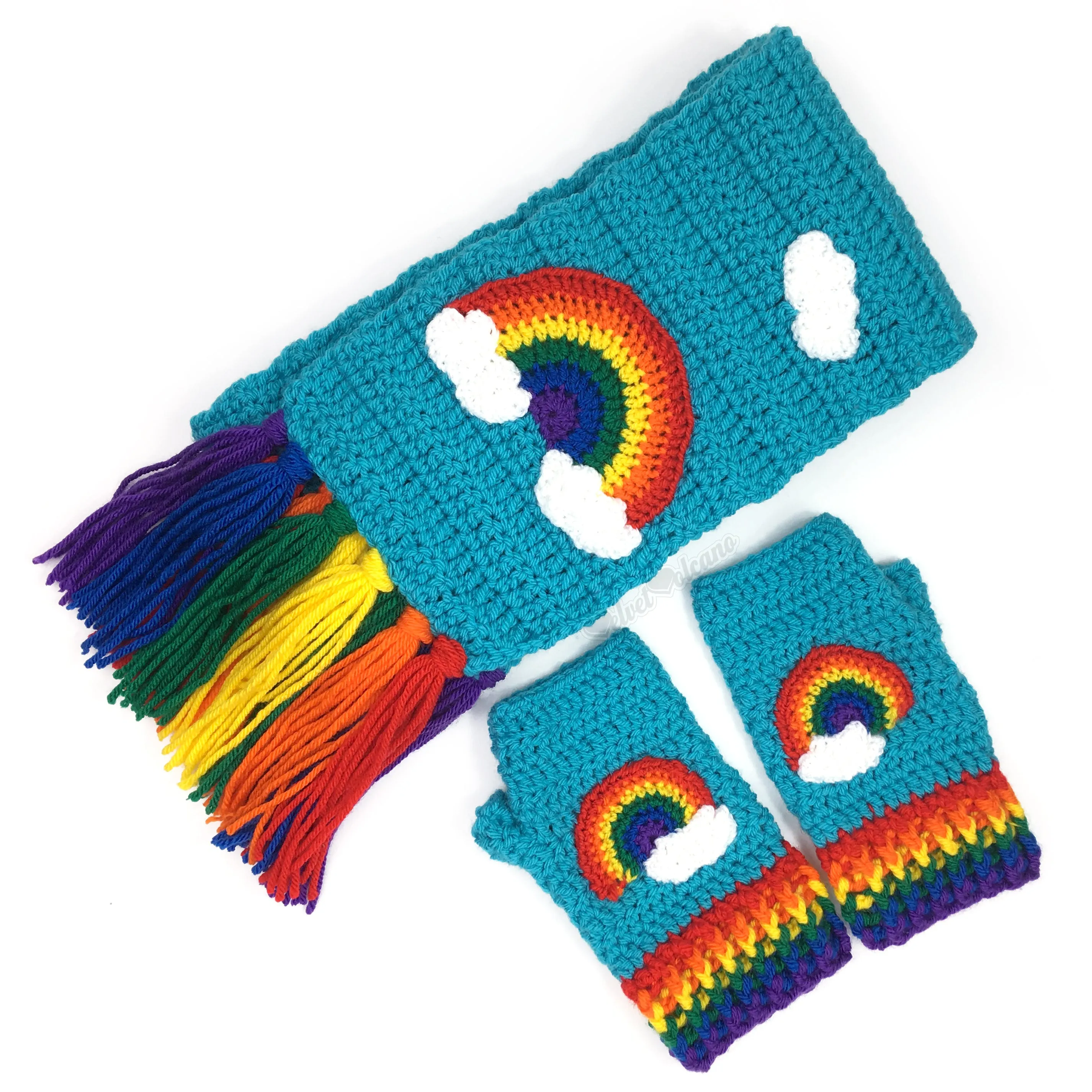 Chunky Bright Rainbow Cloud Scarf & Fingerless Gloves Set (Turquoise)