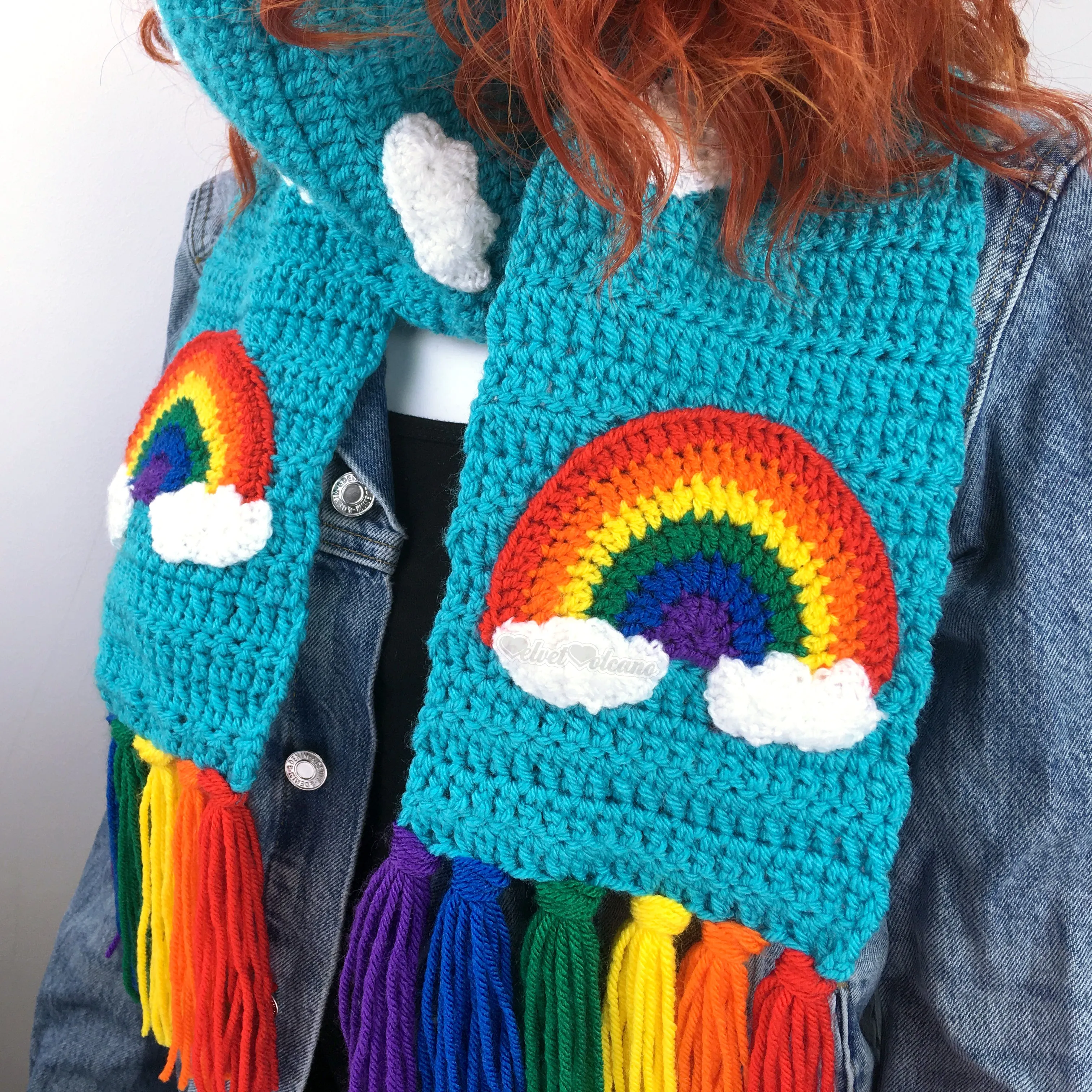 Chunky Bright Rainbow Cloud Scarf & Fingerless Gloves Set (Turquoise)