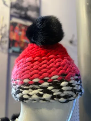 Chunky Hand Knit Toque with removable black pom pom - Red Pink Black White