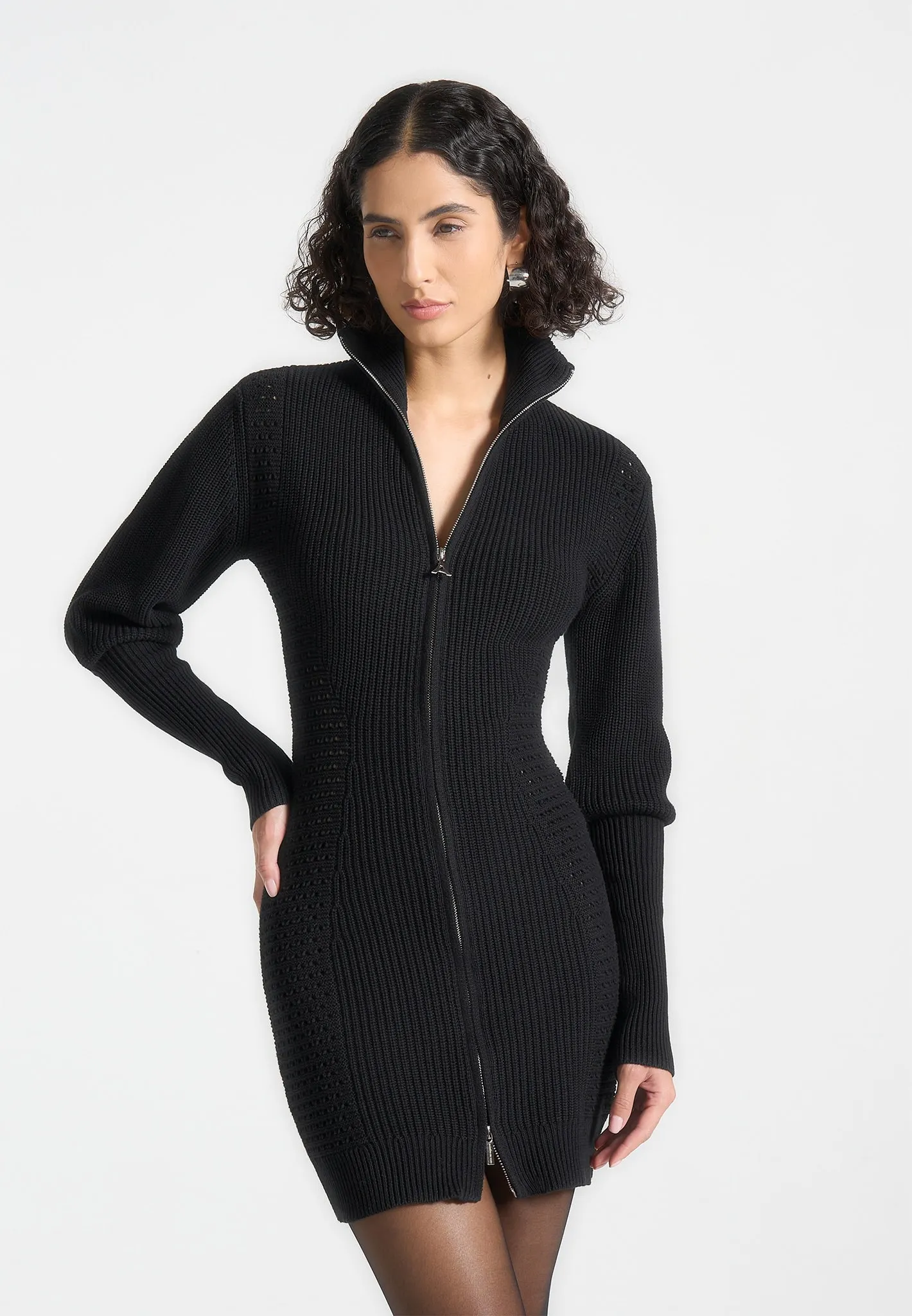 Chunky Knit Contour Jumper Dress - Black