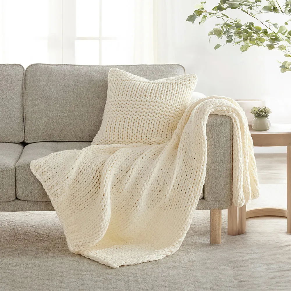 Chunky Knit Throw Blanket and Decor Pillow with Insert Bundle