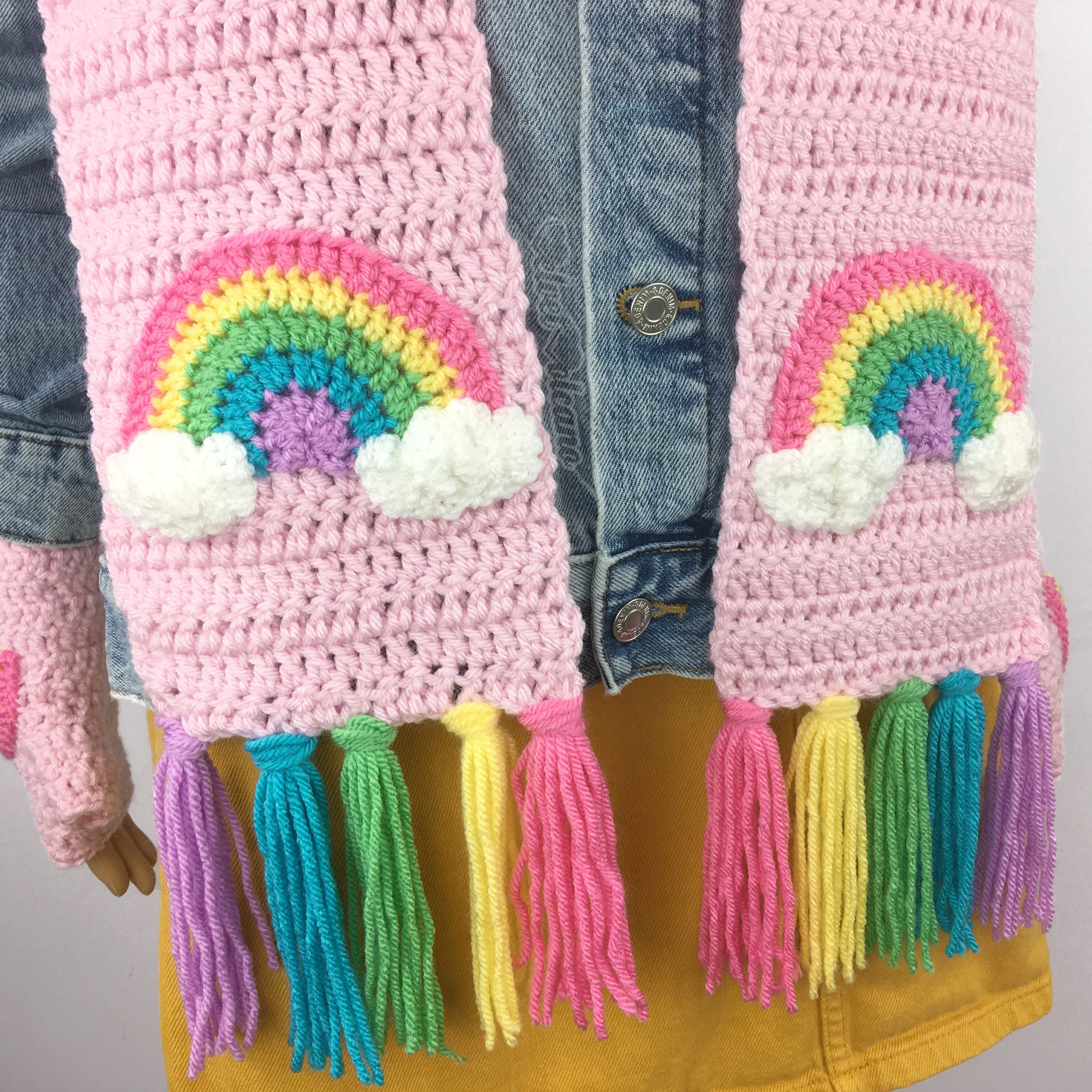 Chunky Pastel Rainbow Cloud Scarf & Fingerless Gloves Set (Baby Pink)