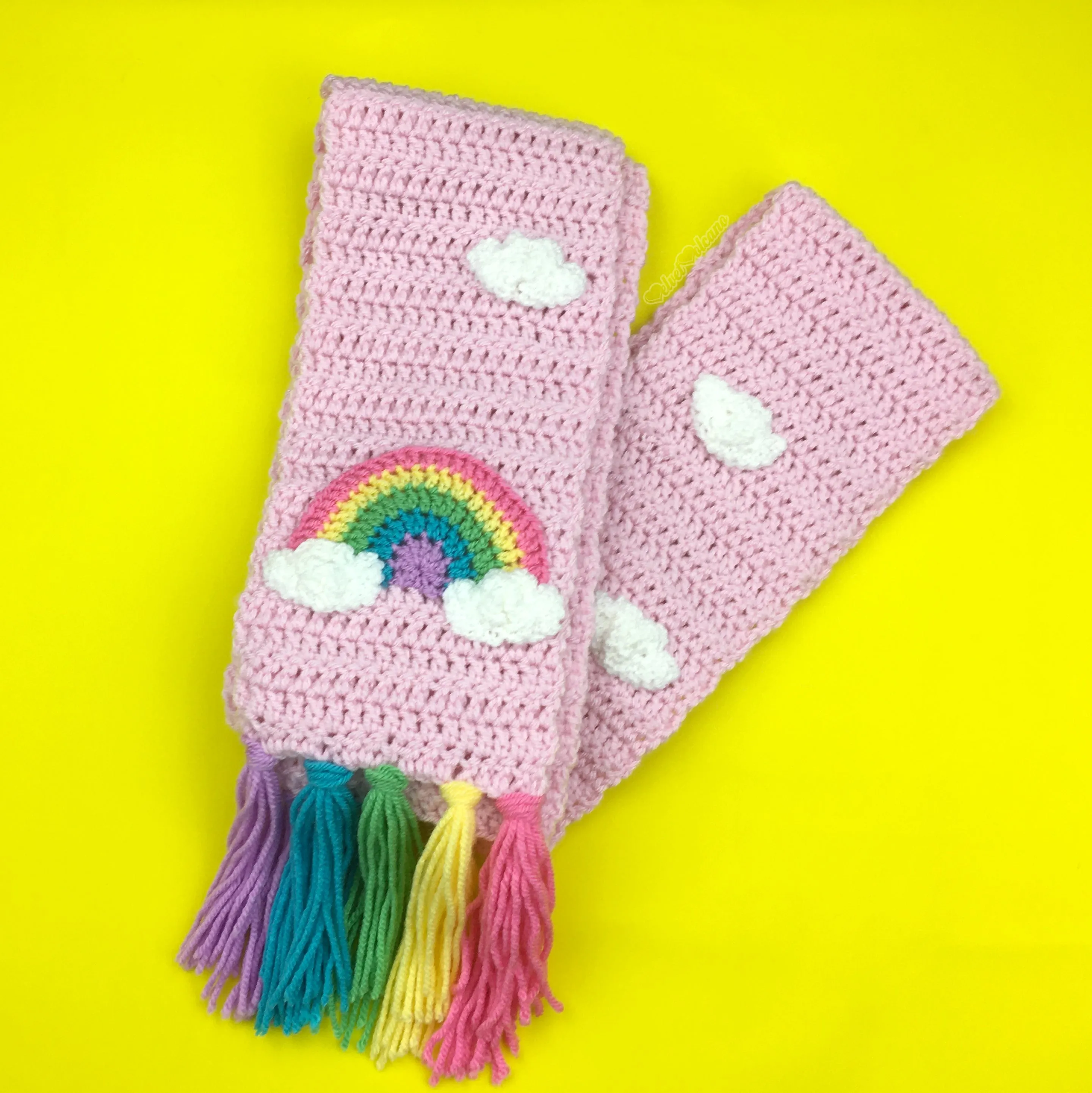 Chunky Pastel Rainbow Cloud Scarf & Fingerless Gloves Set (Baby Pink)