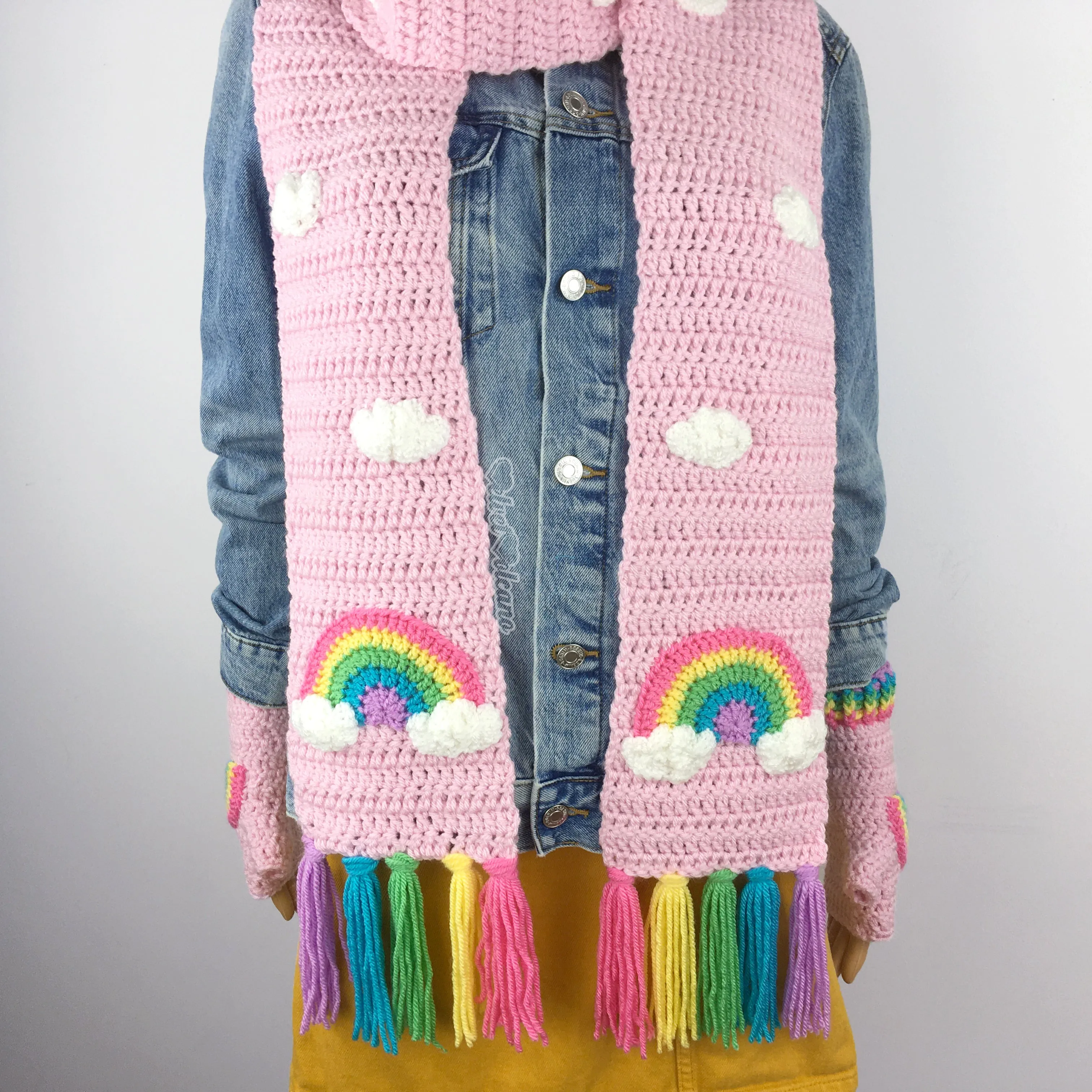 Chunky Pastel Rainbow Cloud Scarf & Fingerless Gloves Set (Baby Pink)