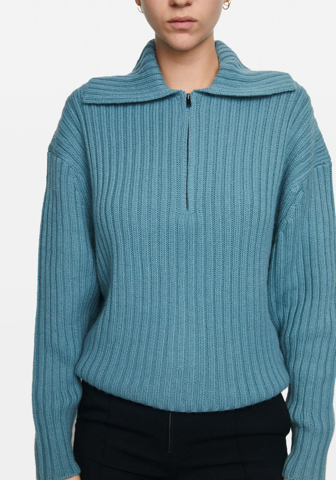 CHUNKY RIBBED POLO KNIT TEAL BLUE