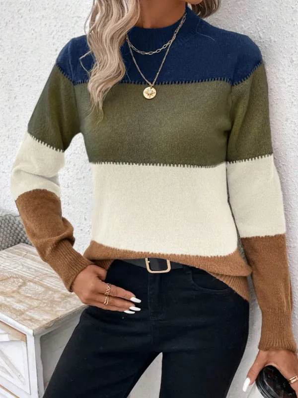 Contrast Color Pullover Round Neck Long Sleeves Knitwear Casual Sweater