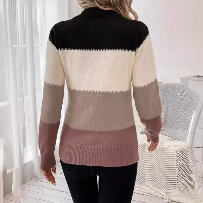 Contrast Color Pullover Round Neck Long Sleeves Knitwear Casual Sweater