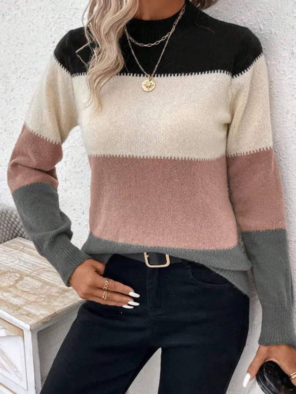 Contrast Color Pullover Round Neck Long Sleeves Knitwear Casual Sweater