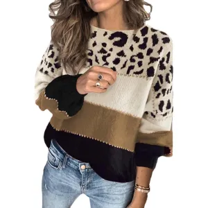 Contrasting Color Sweater Women Loose Round Neck Bottoming Sweater