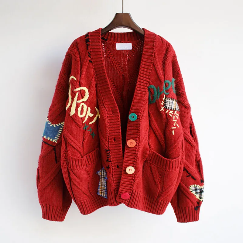 Cute Embroidered Patchwork Oversized College Braided Cardigan