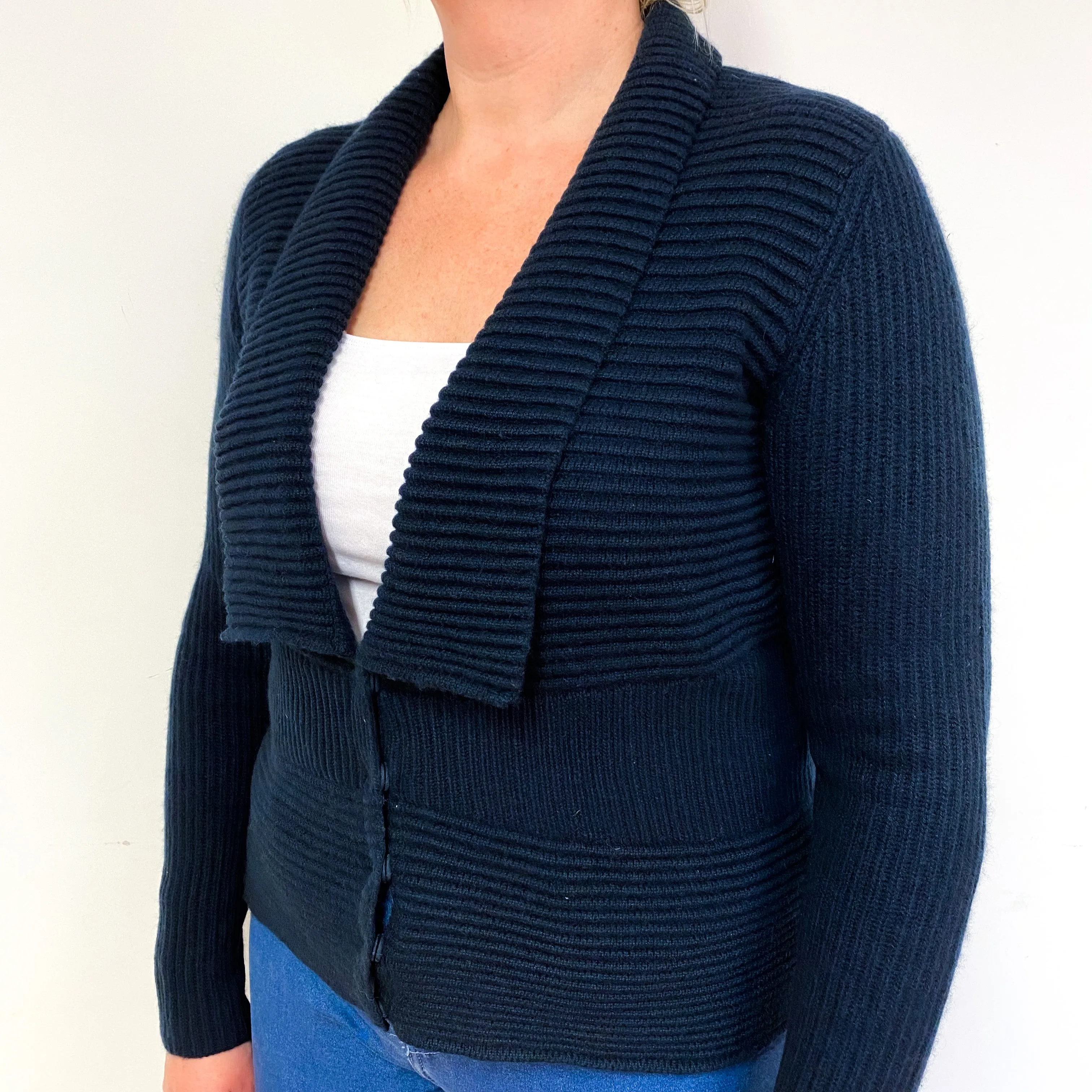 Dark Navy Blue Chunky Rib Cashmere V-Neck Cardigan Large