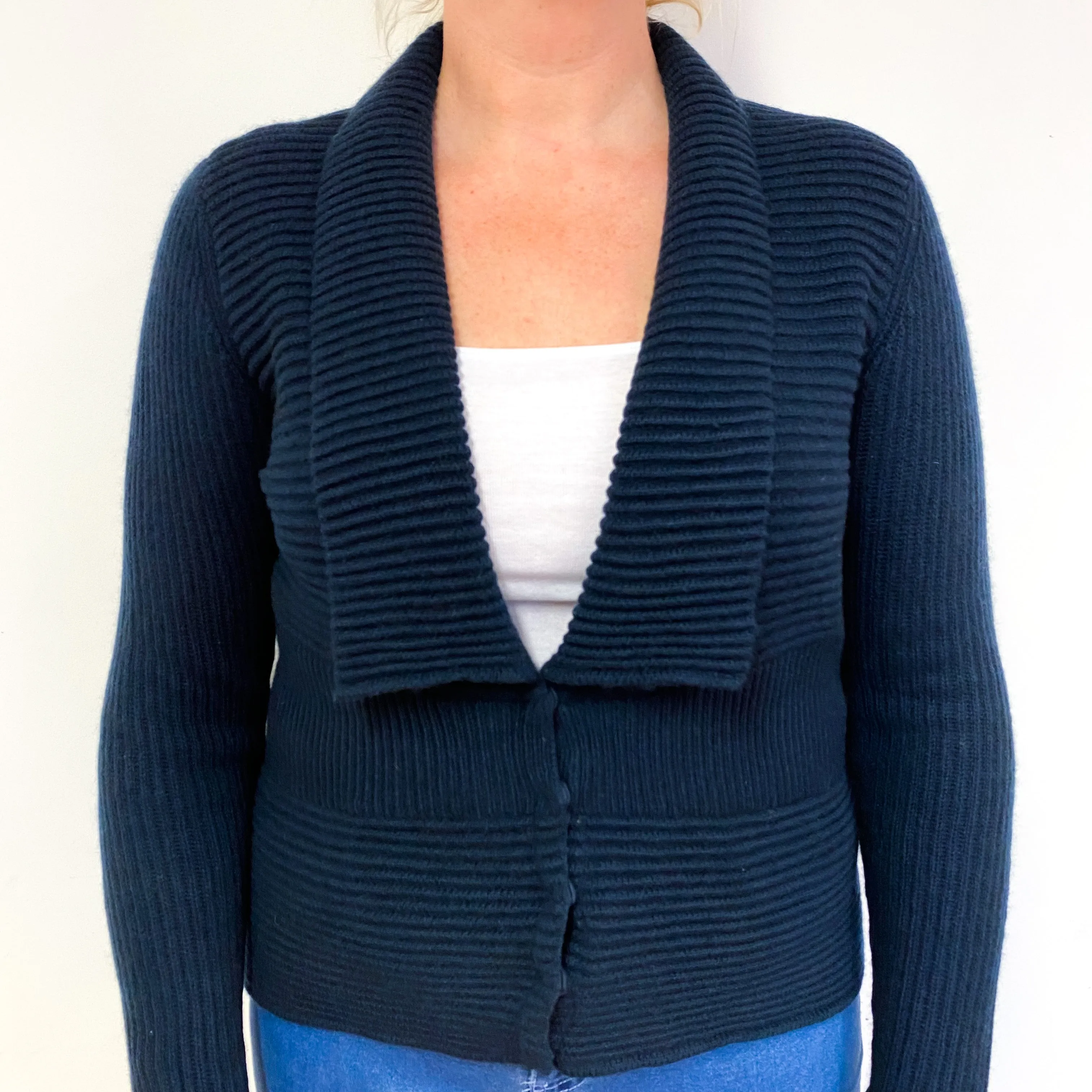 Dark Navy Blue Chunky Rib Cashmere V-Neck Cardigan Large