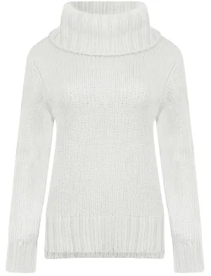 Drama Roll Neck Chunky Knit Jumper in Optic White - Amara Reya