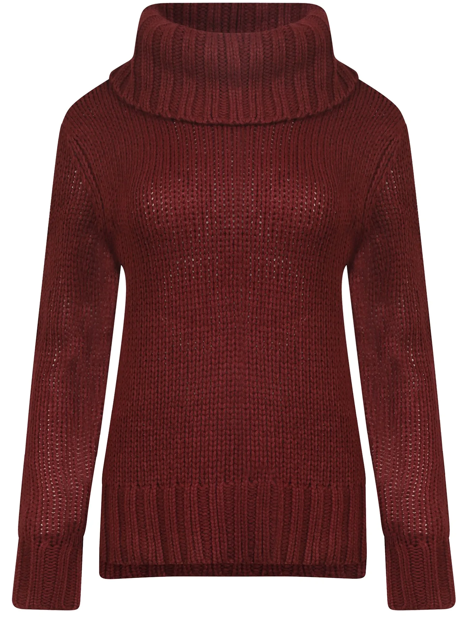 Drama Roll Neck Chunky Knit Jumper in Red Wine - Amara Reya