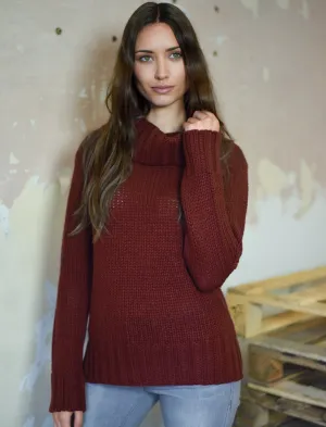 Drama Roll Neck Chunky Knit Jumper in Red Wine - Amara Reya