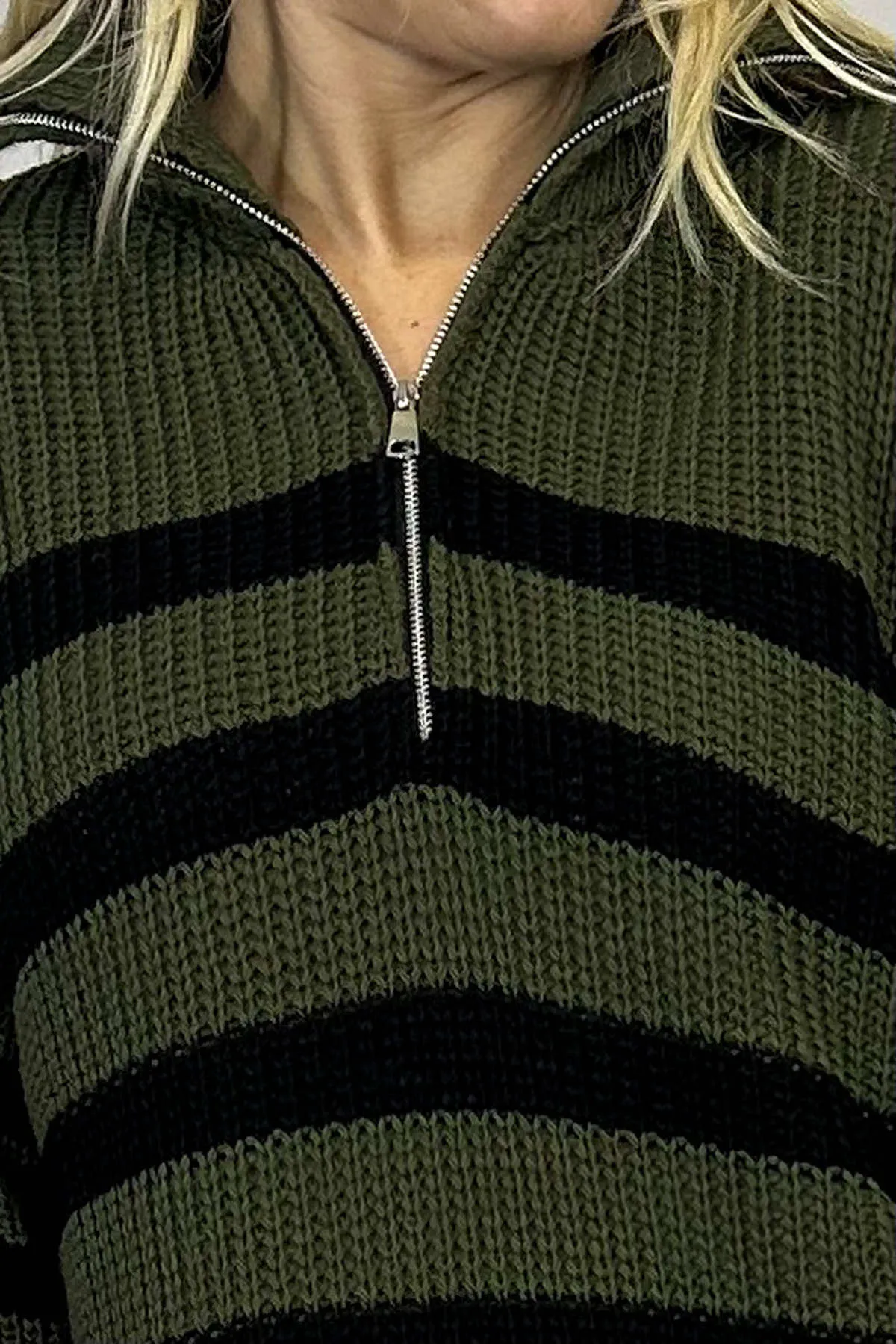 Elsa Stripe Quarter Zip Knitted Jumper Khaki