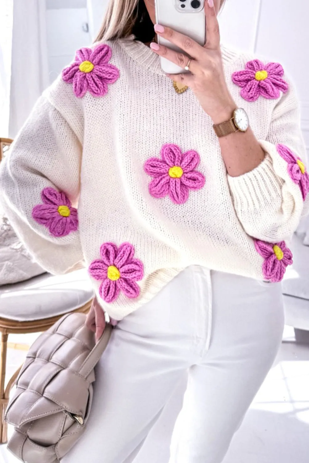 Floral Crochet Chunky Knit Sweater