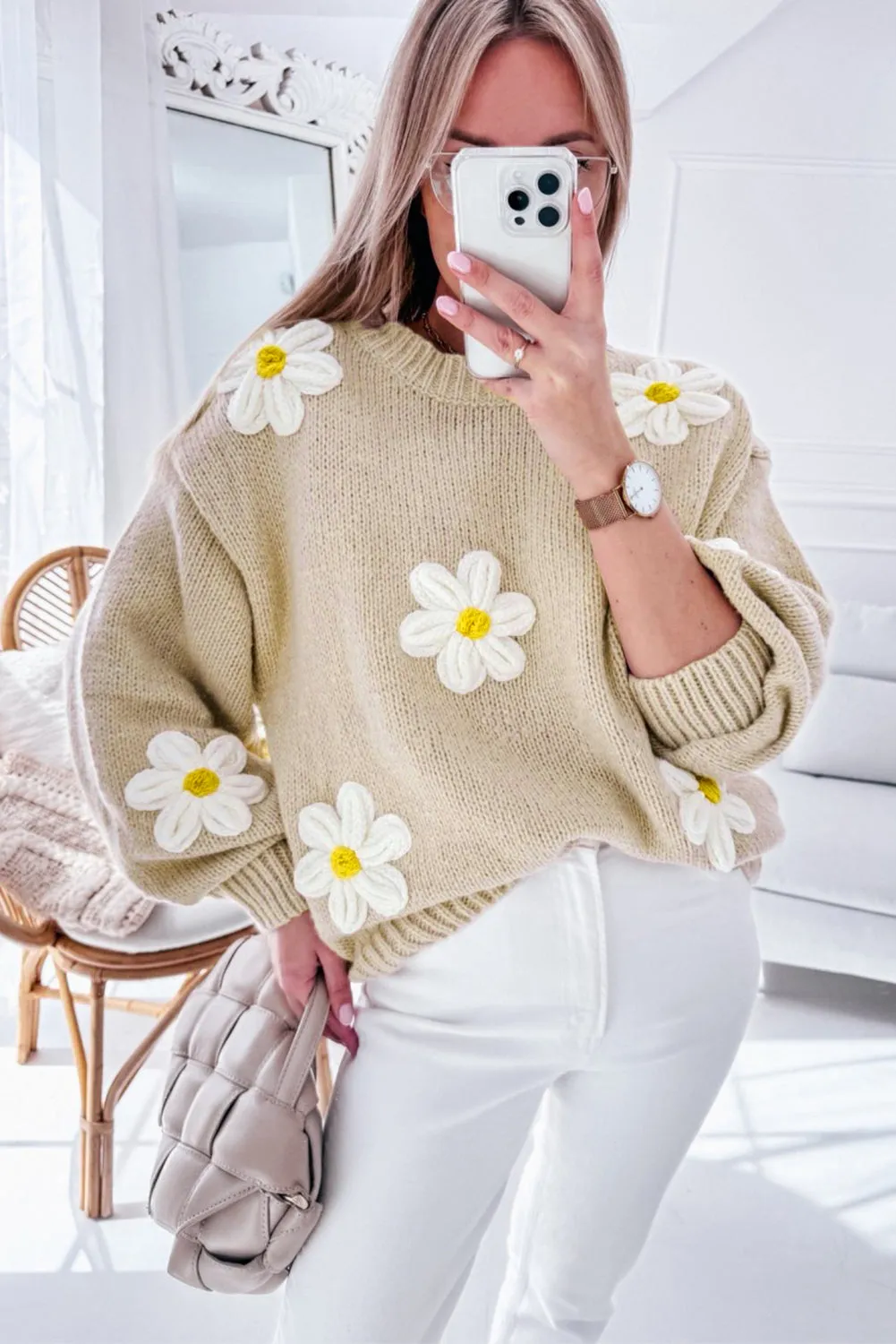 Floral Crochet Chunky Knit Sweater