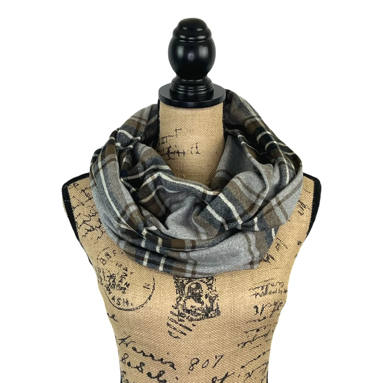 Foggy Grey, Brown, Black, and Ivory Luxe Collection Plaid Infinity and Blanket Scarves